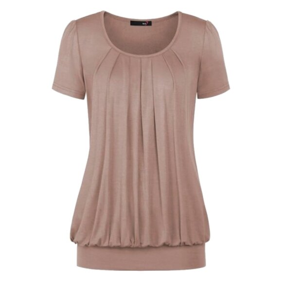 DJT FASHION (M) Warm Taupe Brown Pleated Tee Scoop Blouson Loose Top Coffee Tan - Picture 2 of 11